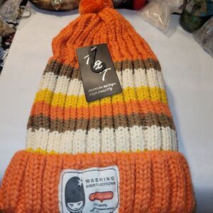 New Knit Striped Beanie Toboggan - Orange, Yellow, Brown, Cream